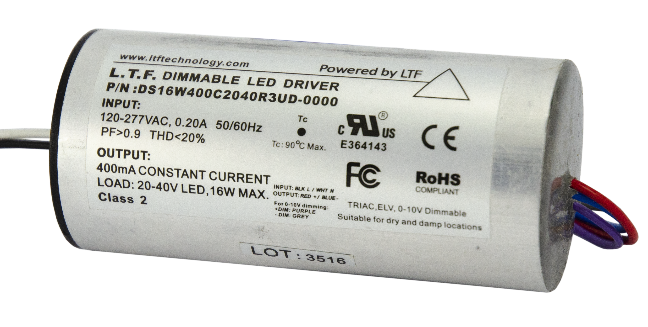 DS16W 120-277V 16W 24V Triac & EVL, Optional 0-10V Constant Voltage LED Power Supply